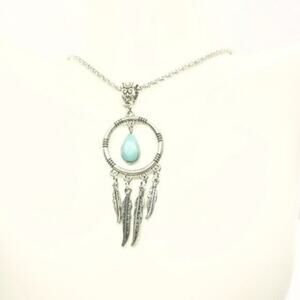 Silver Turquoise Dreamcatcher Feather Boho Necklace
